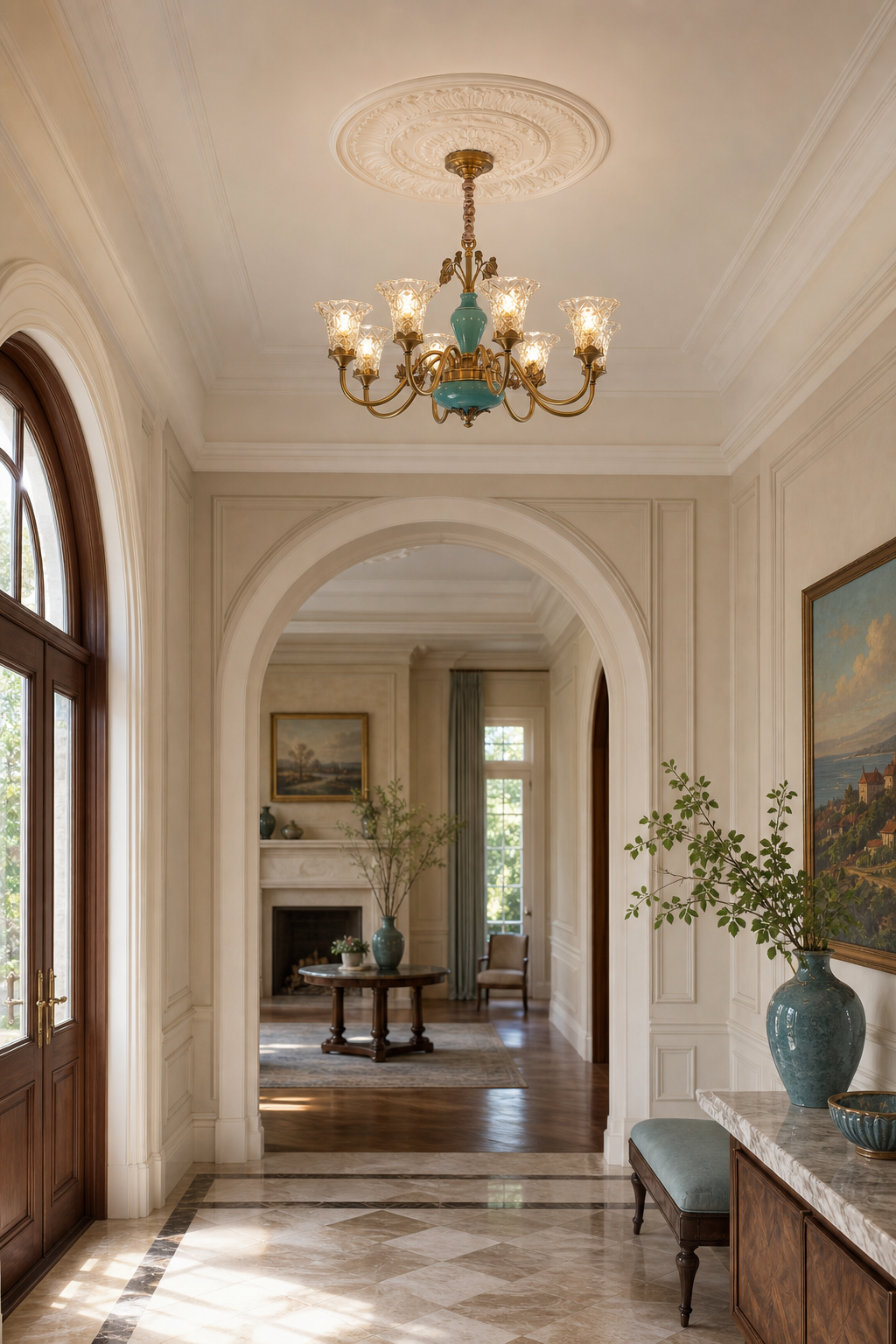 
Turquoise Blue Ceramic Brass Chandelier