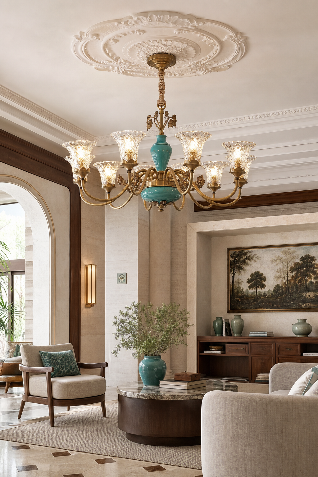 
Turquoise Blue Ceramic Brass Chandelier