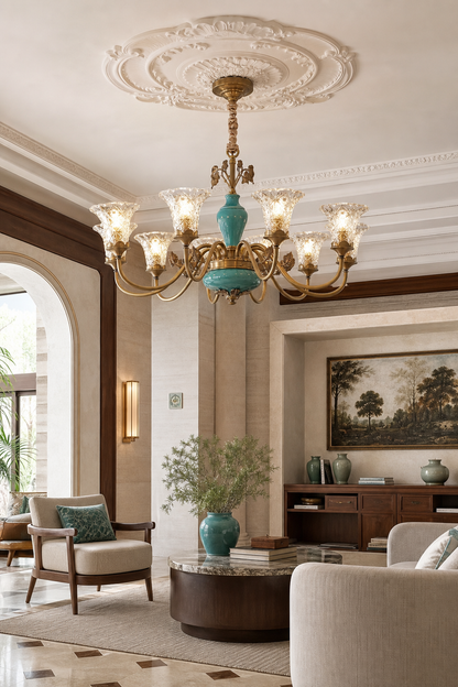 Turquoise Blue Ceramic Brass Chandelier