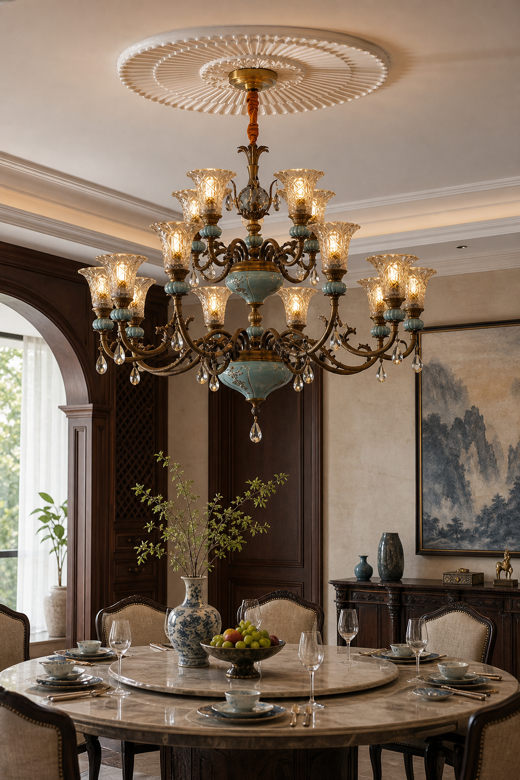 
Blue Glazed Ceramic Two-Tier Chandelier