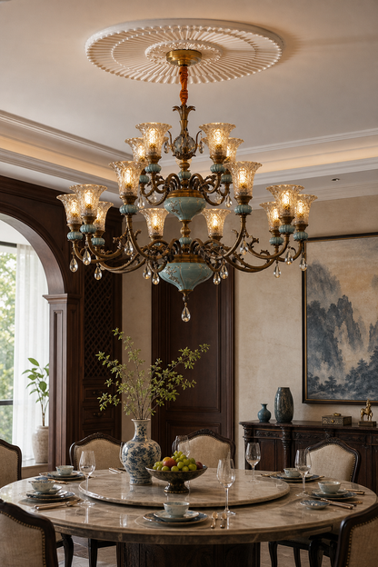 Blue Glazed Ceramic Two-Tier Chandelier