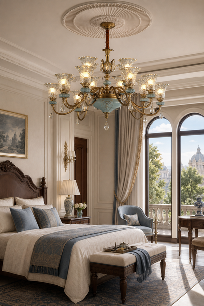 Blue Glazed Ceramic Two-Tier Chandelier