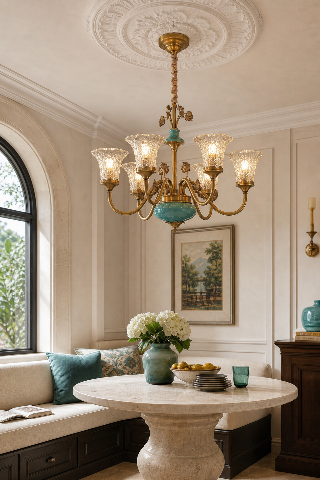 
Turquoise Blue Ceramic Brass Chandelier