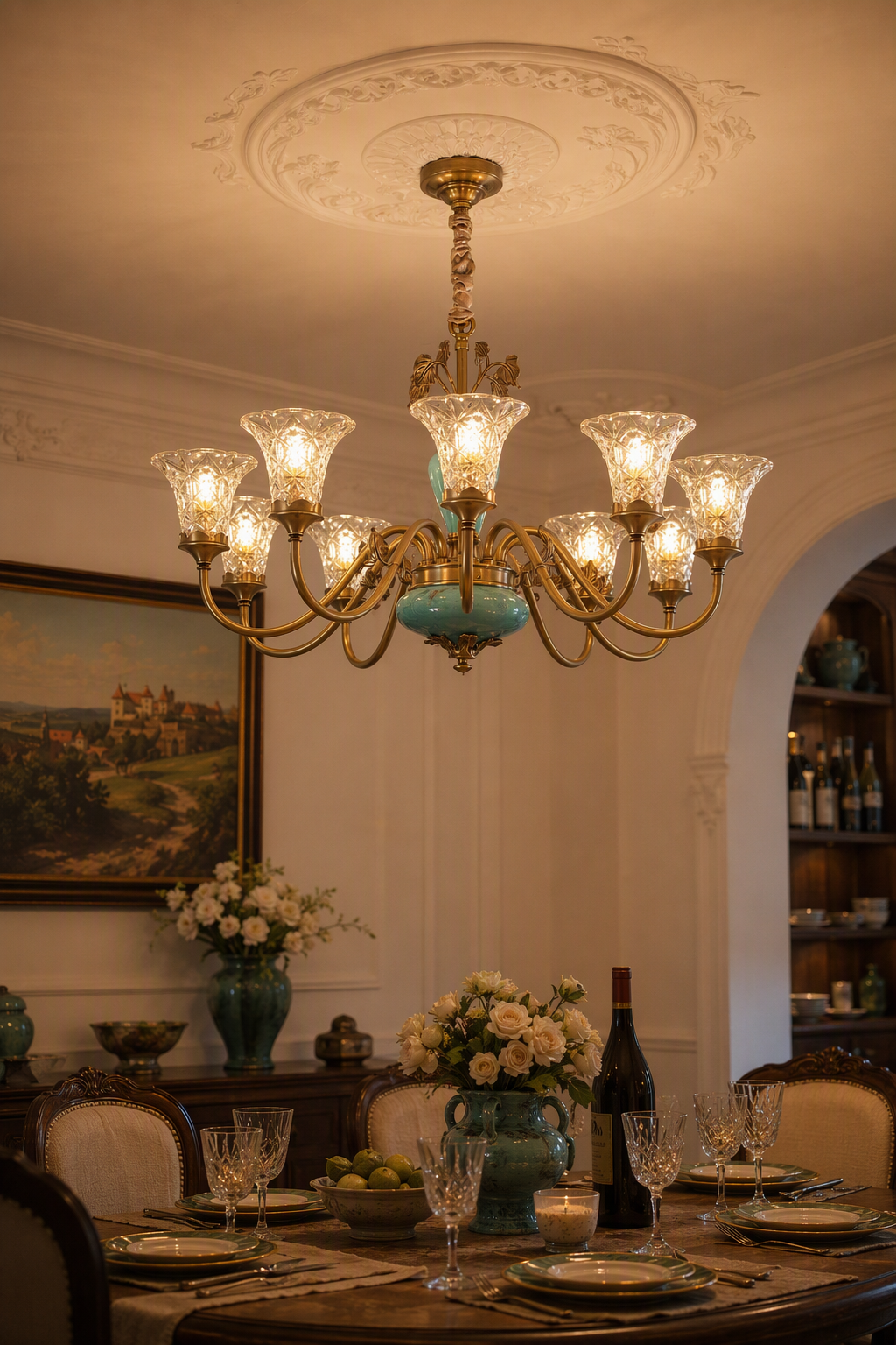 
Turquoise Blue Ceramic Brass Chandelier