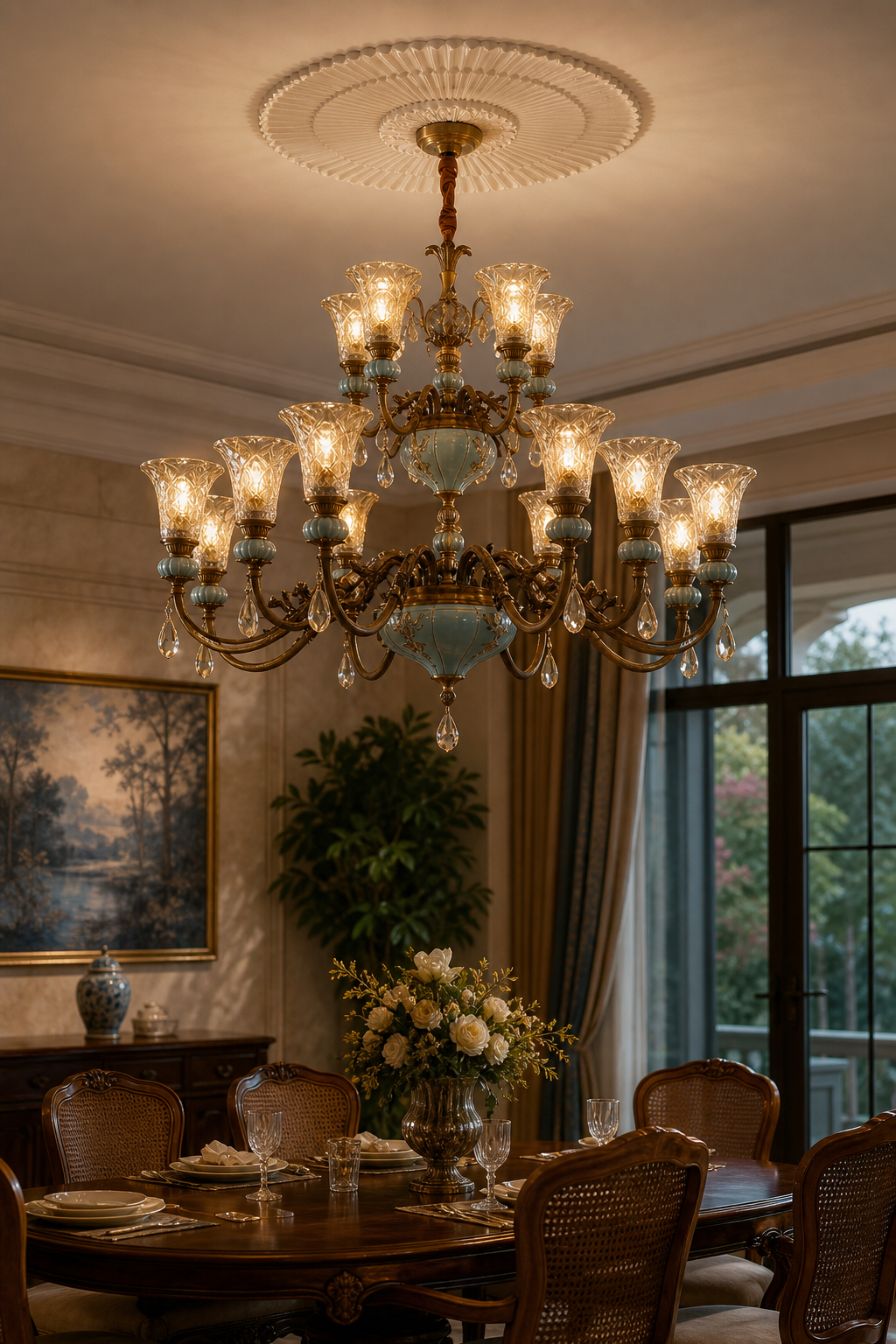 
Blue Glazed Ceramic Two-Tier Chandelier