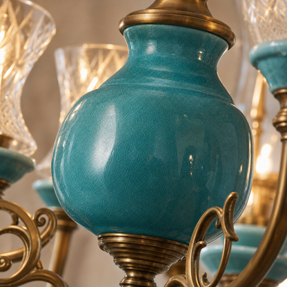 Turquoise Blue Ceramic Brass Chandelier