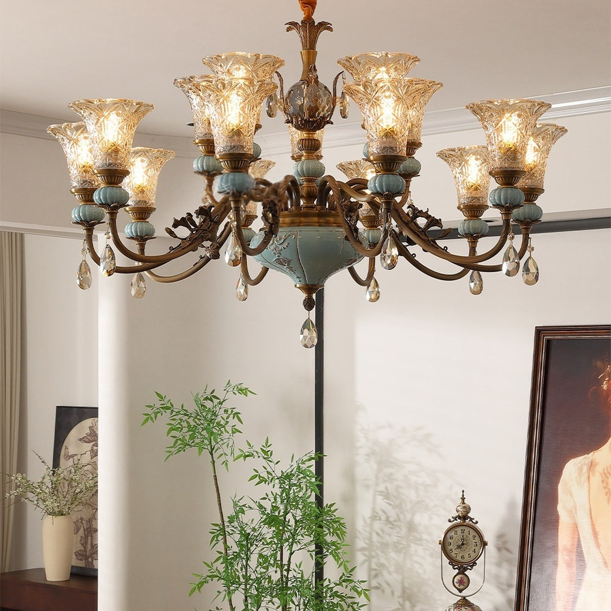 
Blue Glazed Ceramic Two-Tier Chandelier